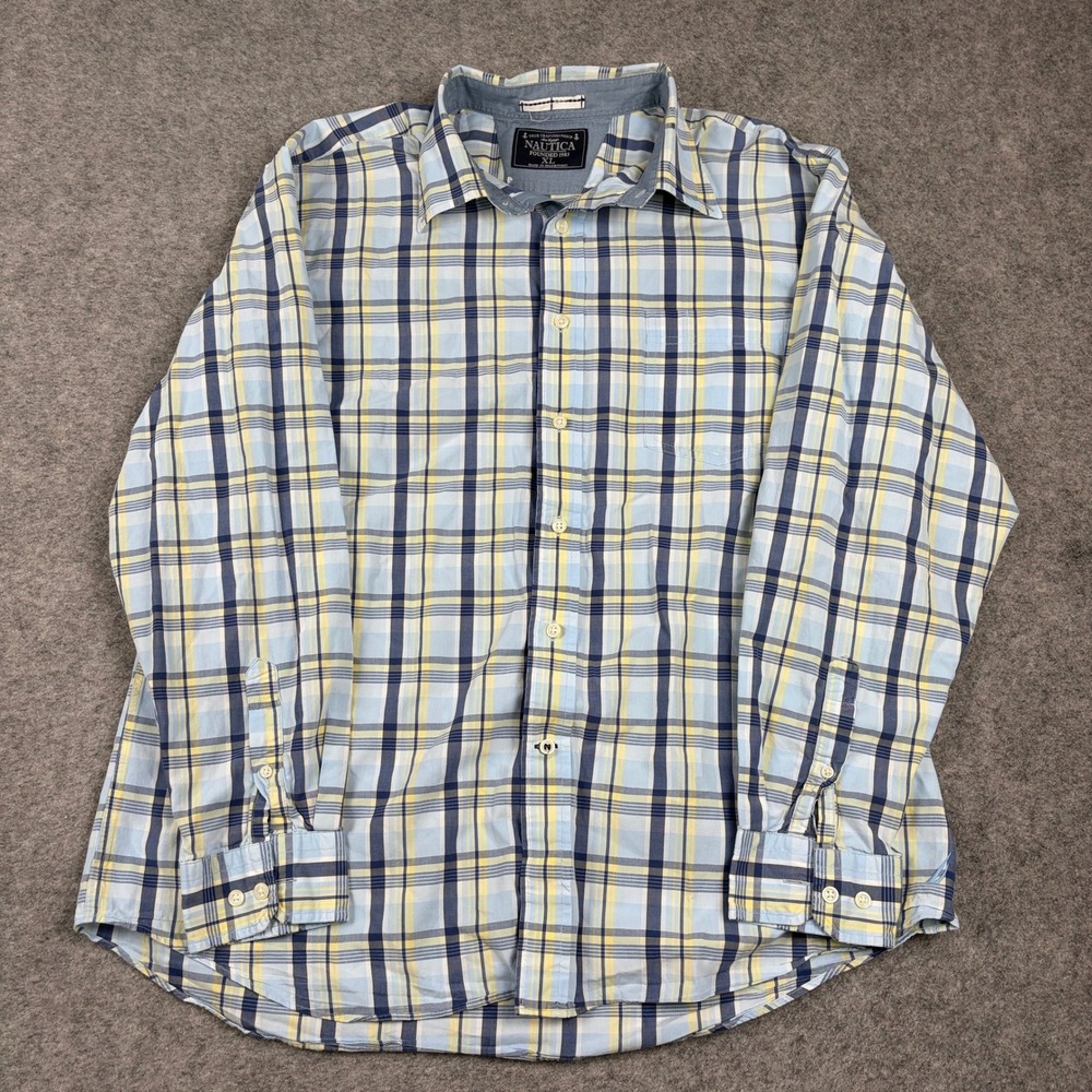 Nautica Button Down Shirt Mens XL Blue Yellow Plaid Long Sleeve Casual Summer